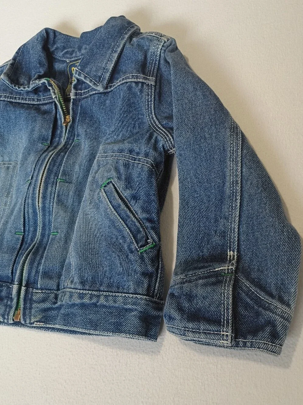 Vintage Y2K OshKosh Bgosh Zip Up Denim Jacket 4T Contrast Green Stitch Workwear